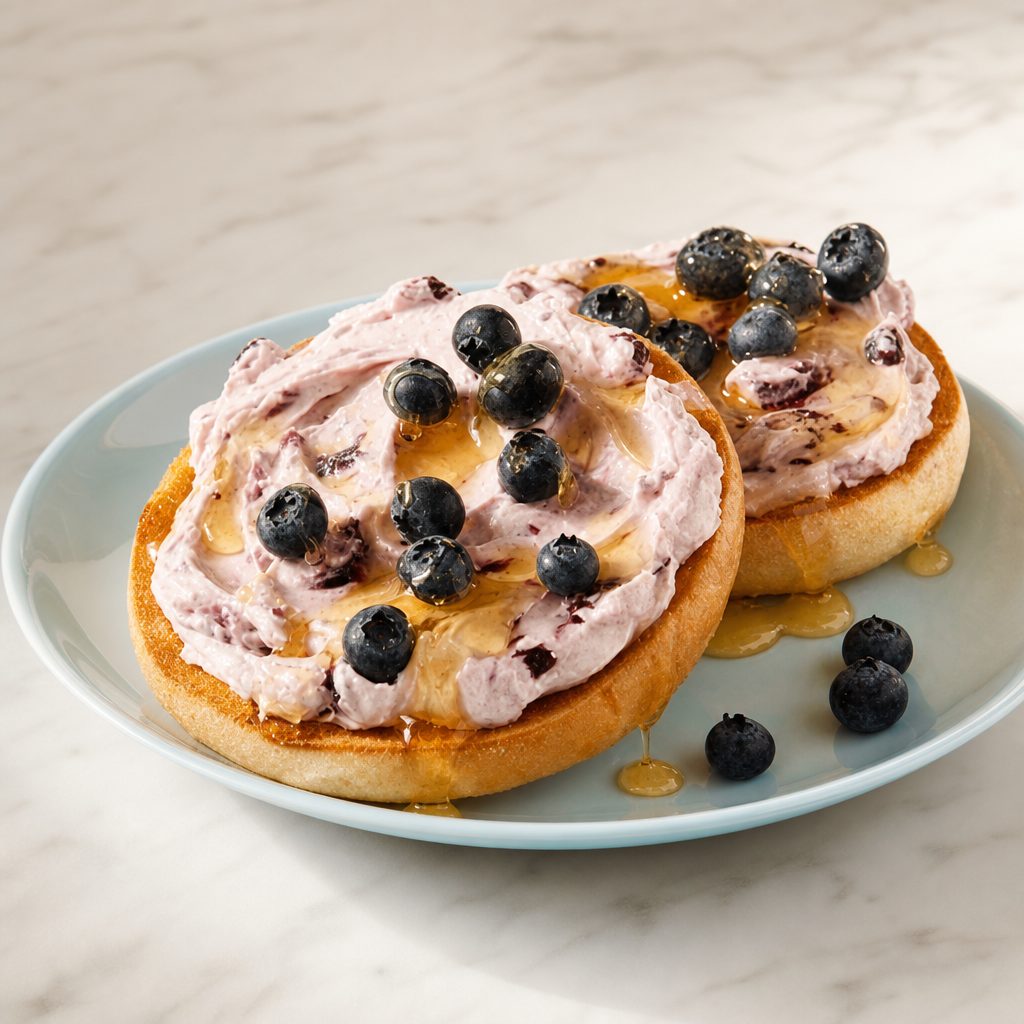 Open Face Blueberry Compote Bagel.